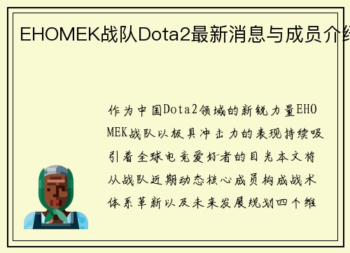 EHOMEK战队Dota2最新消息与成员介绍