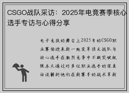 CSGO战队采访：2025年电竞赛季核心选手专访与心得分享
