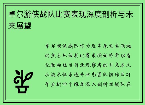 卓尔游侠战队比赛表现深度剖析与未来展望